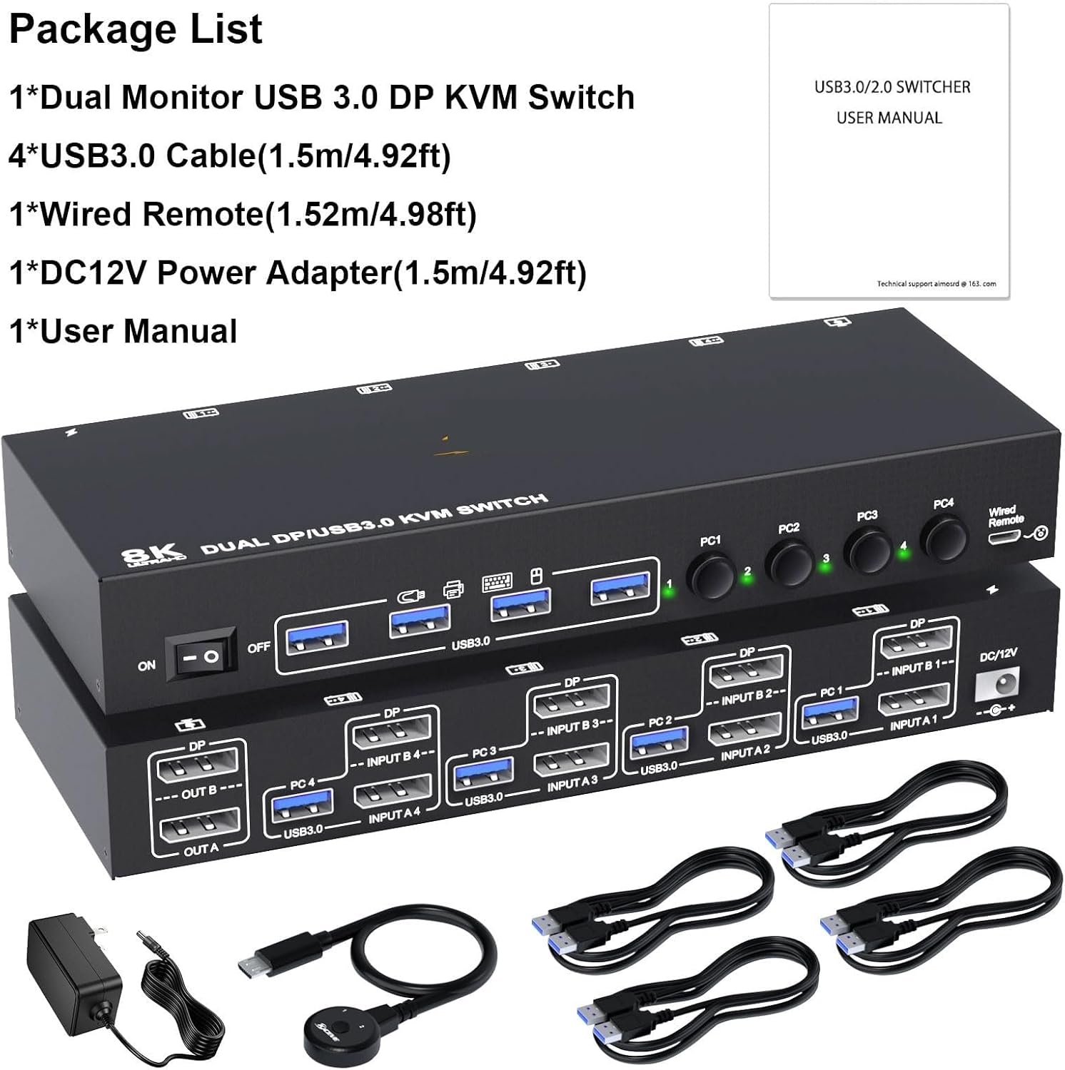 8K DP KVM Switch 2 Monitors 4 Computers,8K@30Hz 4k@144Hz Dual Displayport USB 3.0 Switcher for 4 PC Share Keyboard Mouse(with EU Plug)