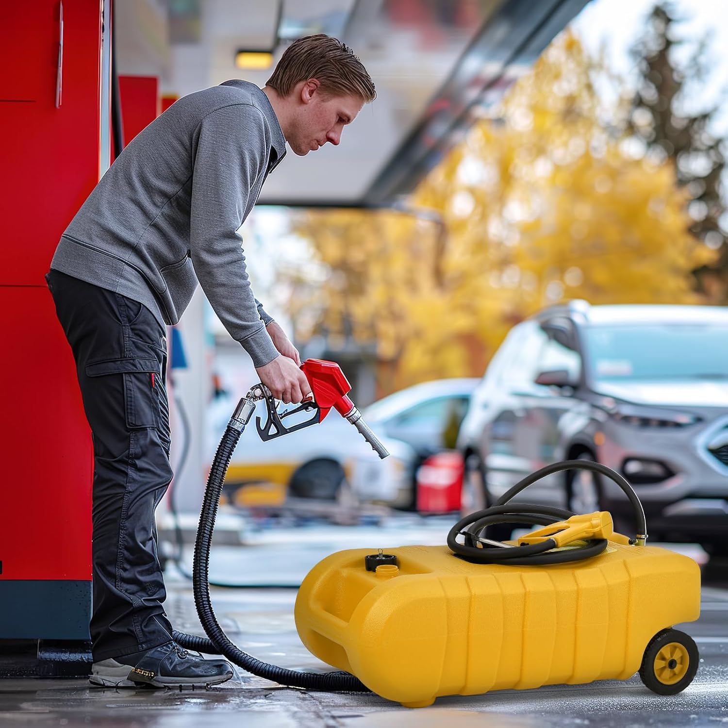 15 Gallon Gas Can, Fuel Tank Container with LE Fluid Transfer Manual Siphon Pump & 10FT Hose, Portable Diesel Gas Storage Caddy with Wheels for Car, ATV, Weeder, Boat, etc., Yellow