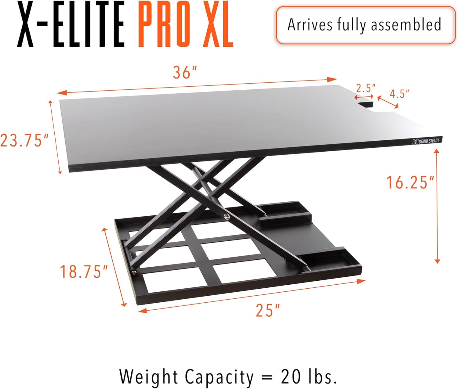 Stand Steady X-Elite Pro XL, Ergonomic Adjustable Height Standing Desk Converter, Extra Large Sit to Stand Laptop Desk Riser, Easily Fits 2 Computer Monitors, Raises Desk Height 7 to 16-inches (Black)