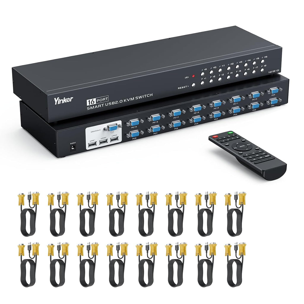 16 Port KVM Switch, Rack KVM Console VGA 16x1 w/16-Pack Cables IR Remote & Ears Support HD 1U Rack Cabinet