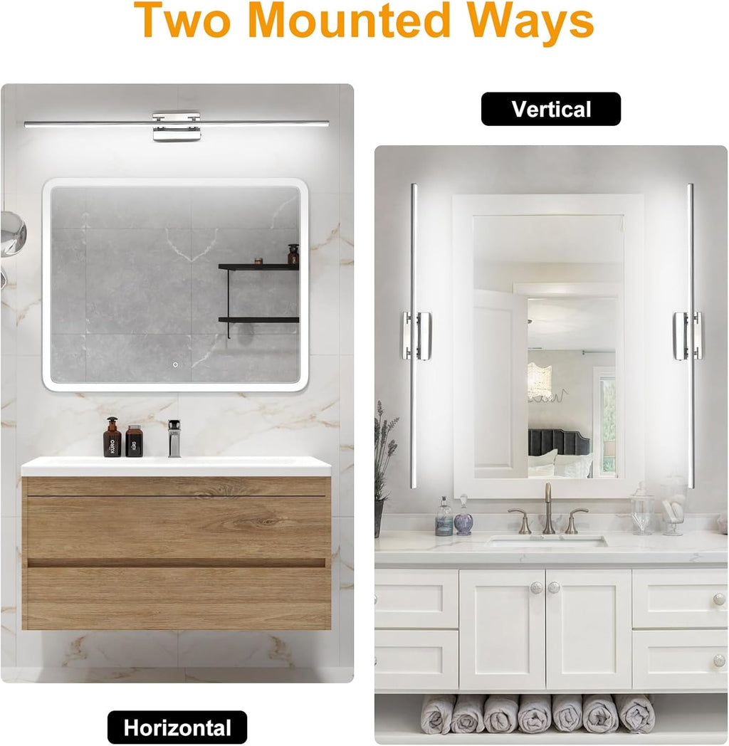 LED Bathroom Vanity Light, Modern Bathroom Light Fixture Over Mirror (3000K/4000K/6000K, Dimmable), Vanity Light Bar with Angle Adjustable, 48 Inch, Chrome