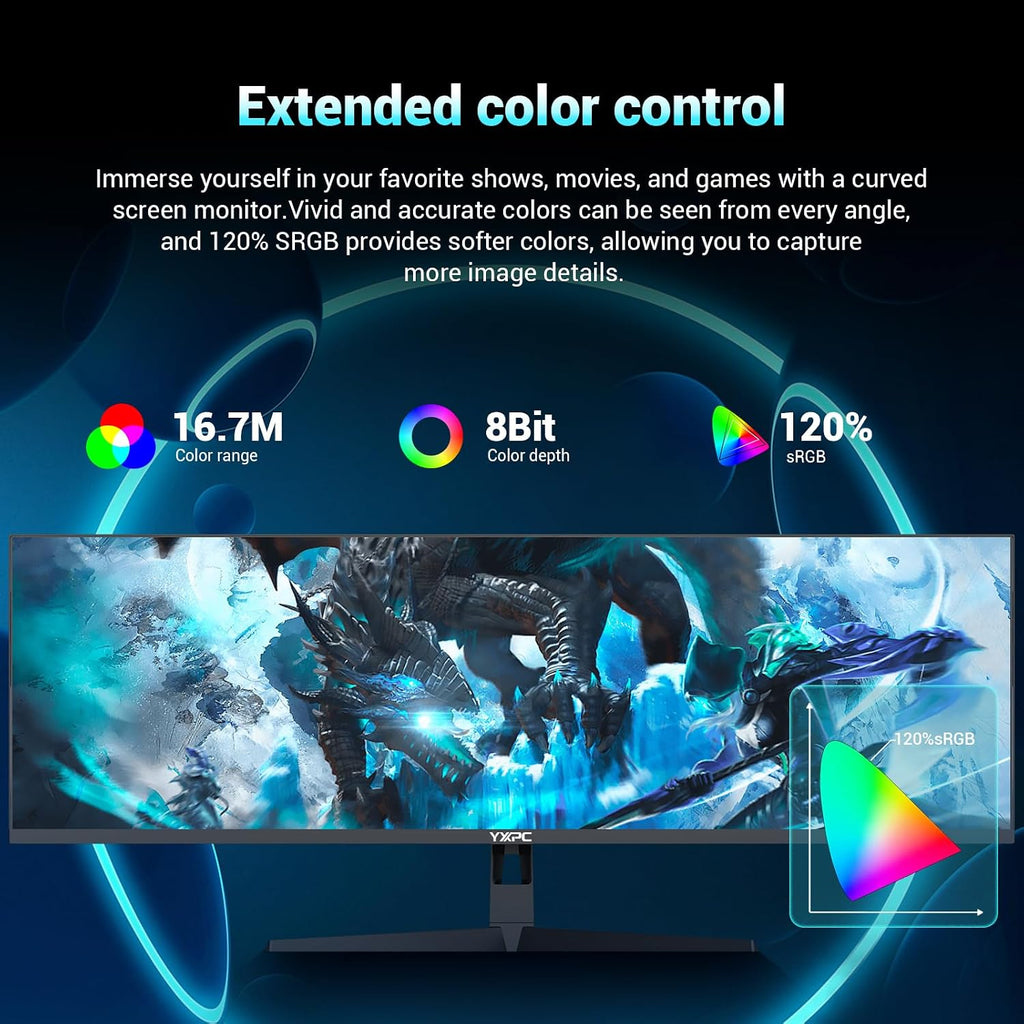 49' inch Curved Ultrawide Gaming Monitor DQHD 5120x1440 165Hz 32:9 1500R 120% sRGB FreeSync,HDR10,PIP/PBP,1ms MPRT,Eye Care,HDMI 2.1 * 2, DP1.4 * 2, VESA(100mm*100mm) Wall Mount Ready