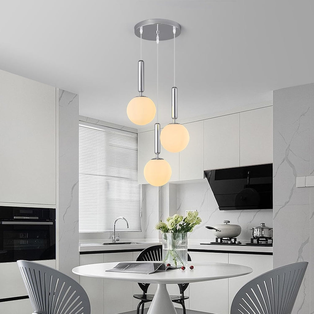 Modern Chrome Pendant Light Hanging Fixture Light for Kitchen Island Mid Century with Globe Pendant Light Milk White Glass Pendant Lighting for Living Room Bedroom Entryway (3 Lights)
