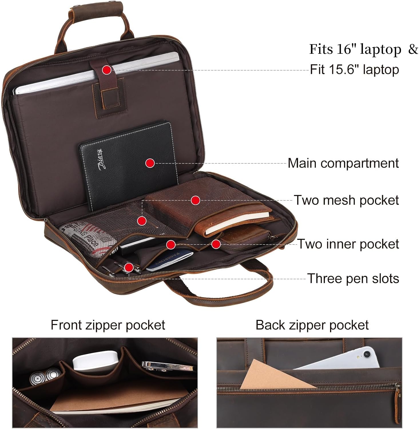 Leather Slim Briefcase for Men 14' - 16' Laptop Crossbody Messenger Bag Business Work Lawyer Attache Case