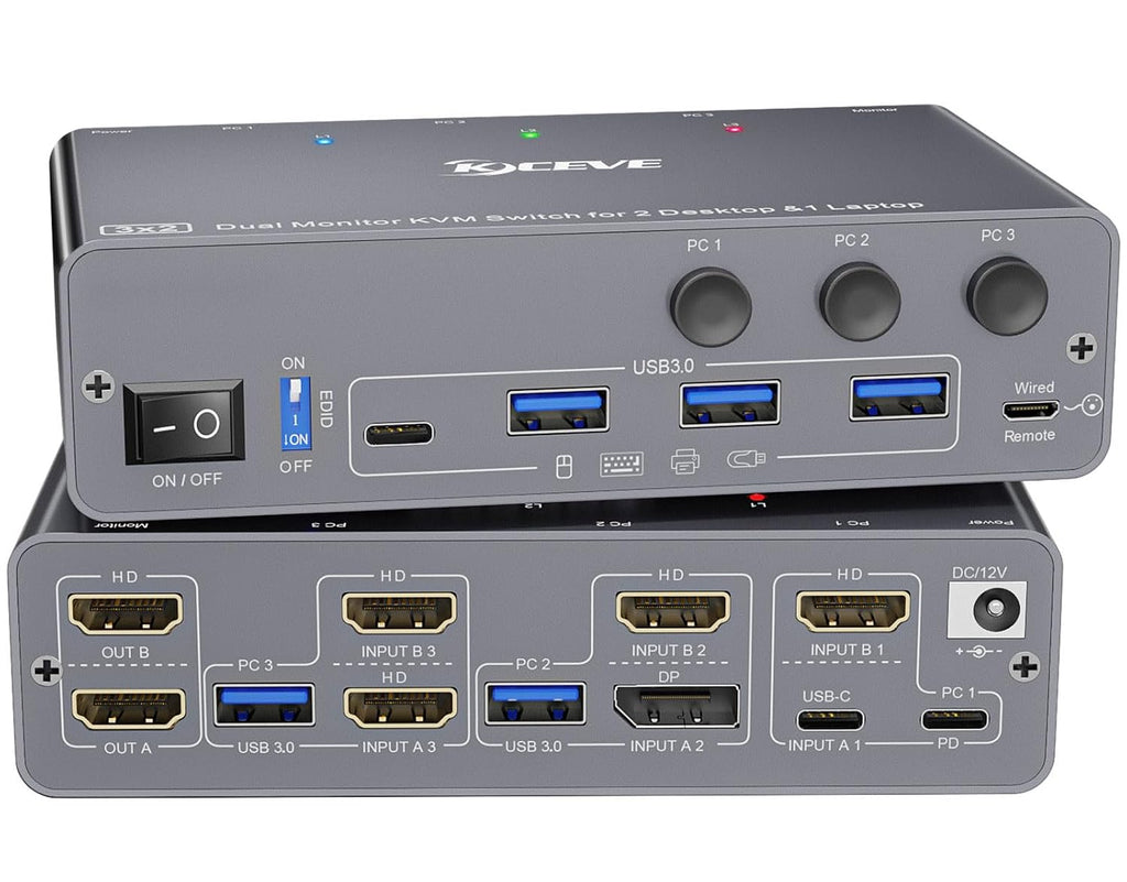 KCEVE KVM Switch 2 Monitors 3 Computers USB C HDMI DP, EDID, USB 3.0 KVM Switch Dual Monitor HDMI for 1 Laptops 2 Desktop, 73W PD, 4K@60Hz, Aluminum, Wired Remote(4K USB C HD DP 3 in 2 Out KVM)