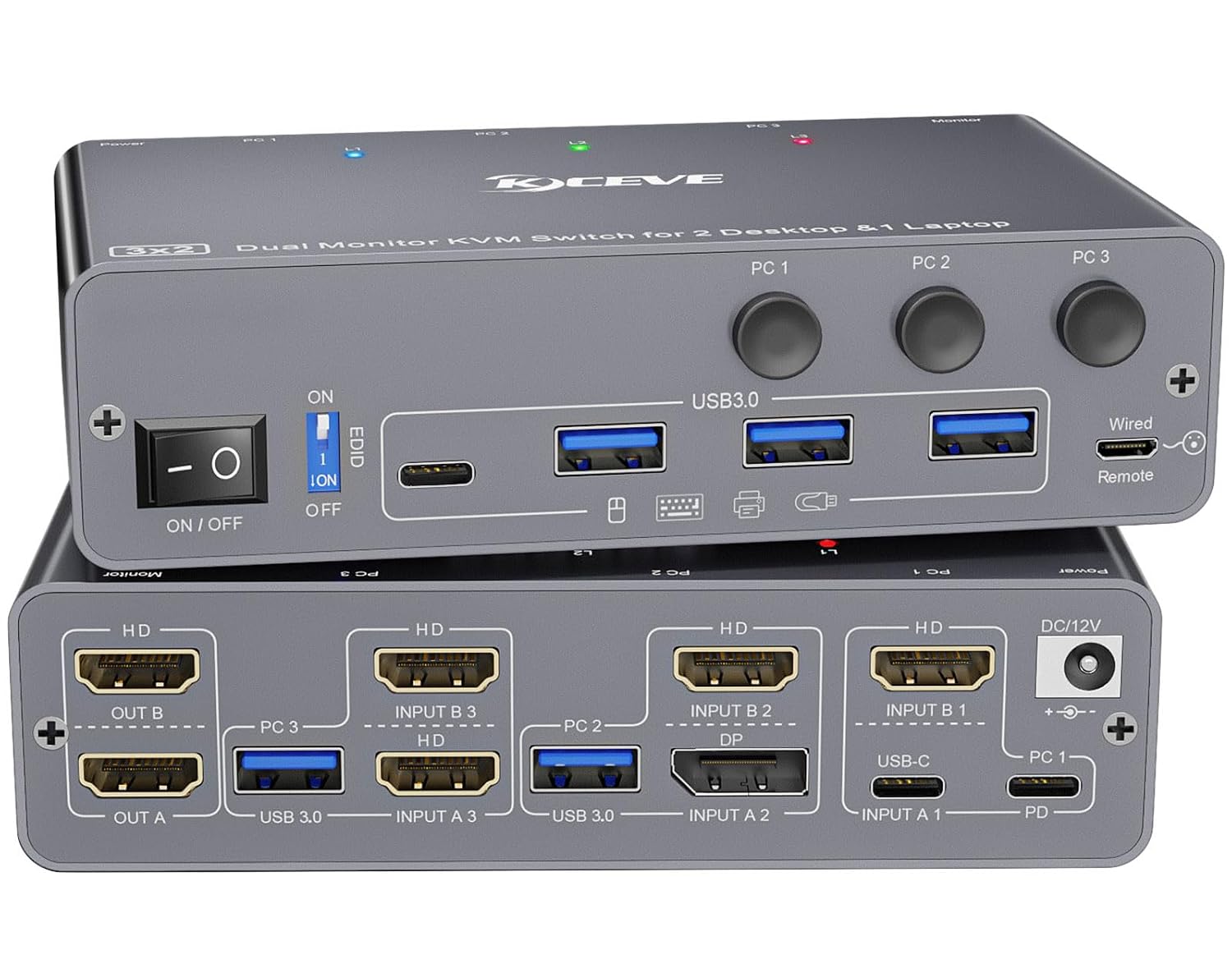 KCEVE KVM Switch 2 Monitors 3 Computers USB C HDMI DP, EDID, USB 3.0 KVM Switch Dual Monitor HDMI for 1 Laptops 2 Desktop, 73W PD, 4K@60Hz, Aluminum, Wired Remote(4K USB C HD DP 3 in 2 Out KVM)