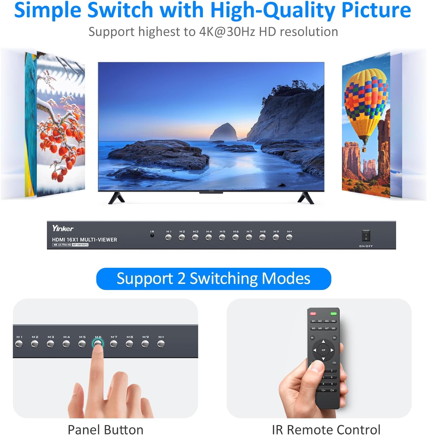 4K HDMI Multiviewer 16x1, 4K@30Hz Seamless HDMI Switcher 16 in 1 Out w/IR Remote, Multiple Display Modes for Laptops/PC/Set-up Box/Security Camera/PS5
