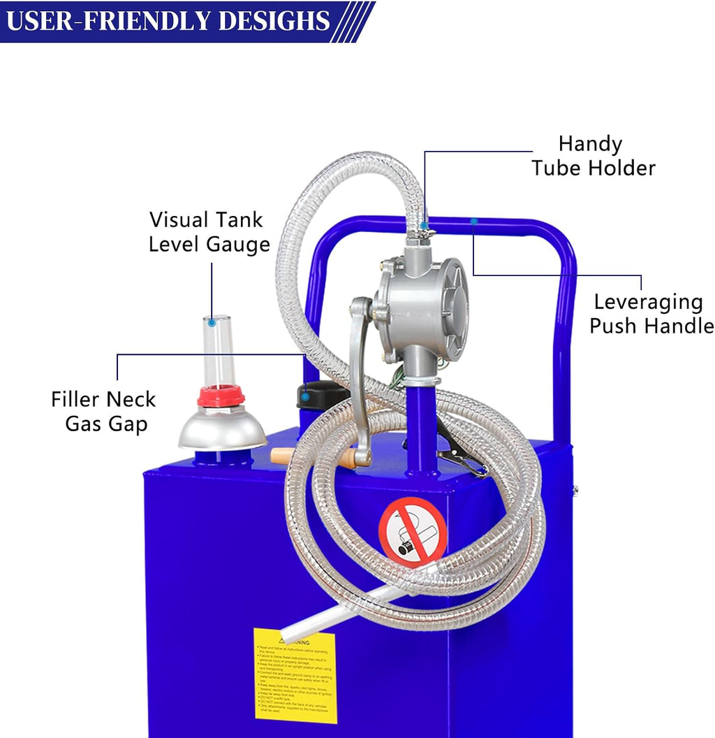 30 Gallon Portable Gas Caddy, Fuel Transfer Tank Gasoline Diesel Storage Can with Rotary Hand Pump and 4 Wheels for Automobiles ATV Car Mowers Tractors (Blue)
