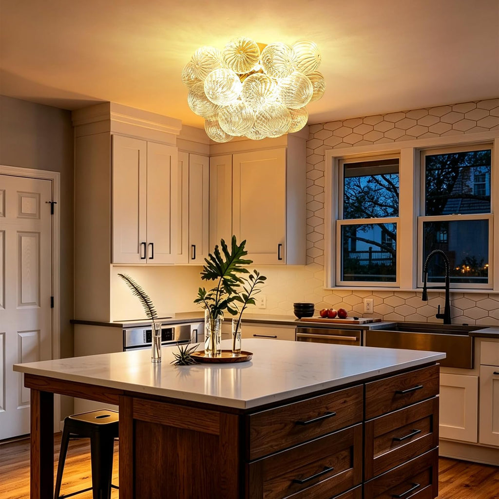 8-Light Flush Mount Ceiling Light, 16' Glass Bubble Ball Chandelier with 21 Clear Balls, Modern Globe Dining Room Light Fixture for Bedroom, Living Room, Hallway, Entry, Bathroom