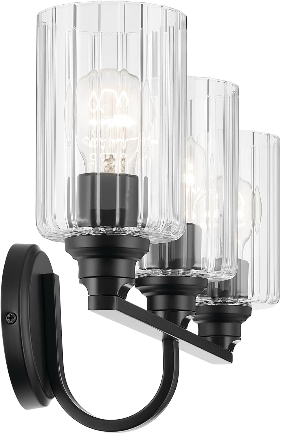 Kichler Gioe 24.25' 3-Light Bathroom Vanity Light Fixture with Clear Fluted Glass in Black, Modern Wall Mount Over Mirror for Powder Room, Damp Rated (24.25' W x 10.5' H), 55226BKFLU