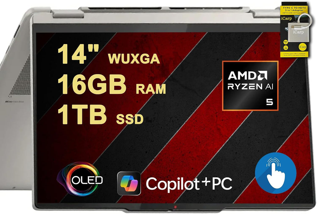 Lenovo Yoga 7 2-in-1 Laptop 14' WUXGA OLED Touch (100% DCI-P3, 600nits HDR) AMD 6-core Ryzen AI 5 340 (Up to 50 Tops) 16GB DDR5 1TB SSD for Designer Business Professional Win11 ICP Hub
