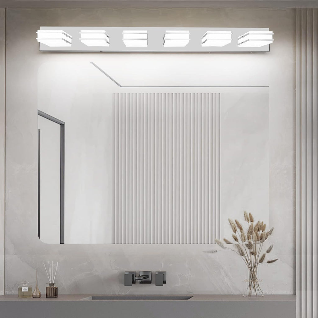 3 Color Temperature Dimmable Vanity Lights for Bathroom, LED Chrome 6 Light Vanity Lighting Fixtures, Acrylic Stainless Steel Square Shade Bathroom Light Fixtures over Mirror, ETL Certificated
