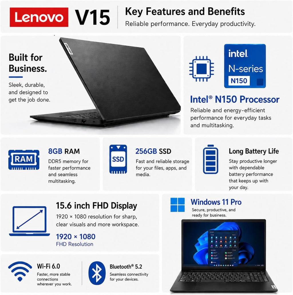 Lenovo V15 Business Laptop • 2026 Edition • Intel New N150 Quad-Core Processor • 15.6' FHD Anti-Glare Display • 8GB RAM • 256GB SSD • RJ-45 • HDMI • Dolby Audio • Wi-Fi 6 • Windows 11 Pro