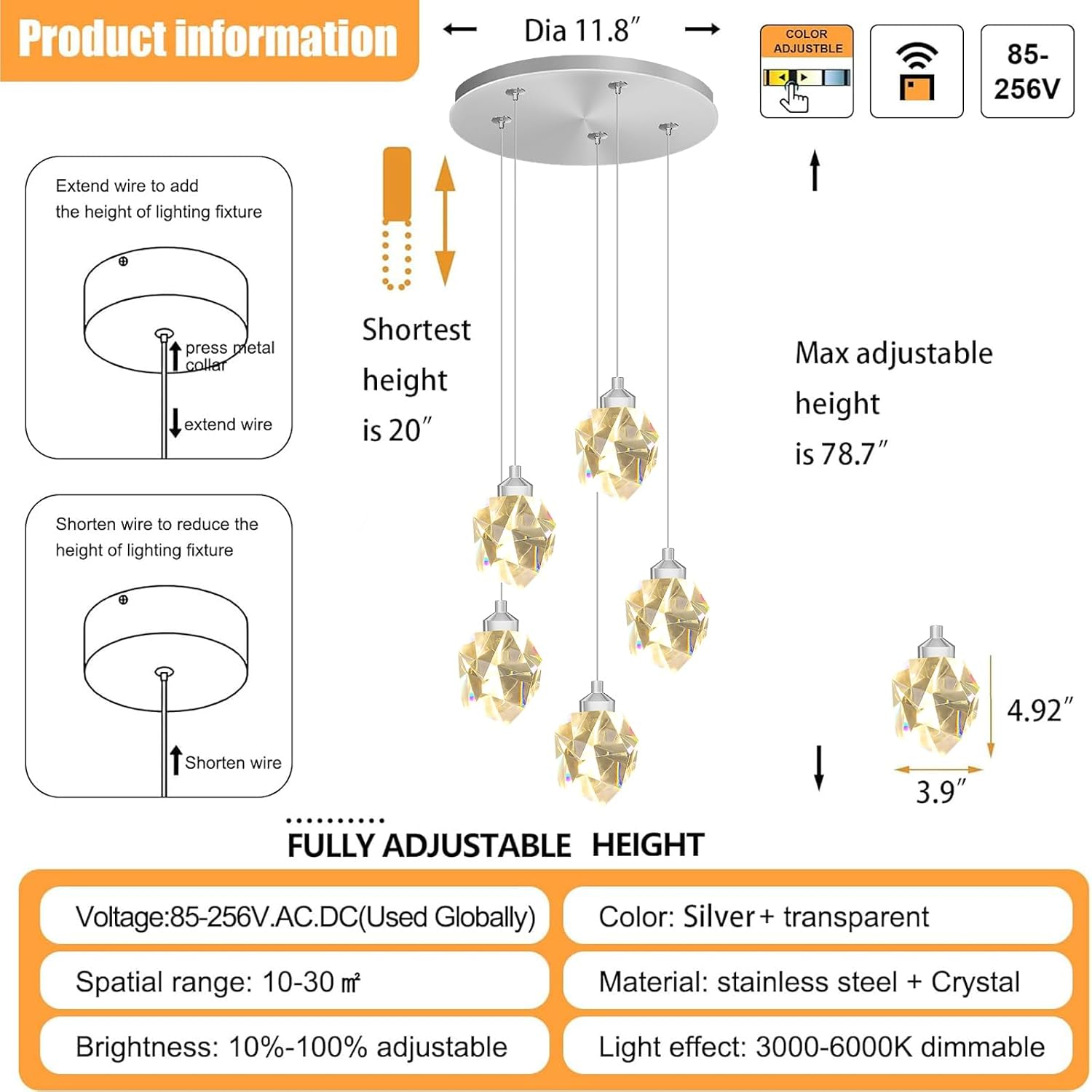 5-Light Cluster Crystal Raindrop Pendant Lights- 25W LED Dimmable Hanging Light Fixture Chandelier for Kitchen Island, Dining Room Living Room