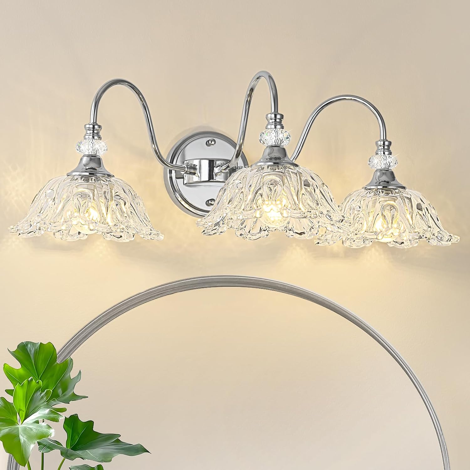Brushed Chrome 3-Light Bathroom Vanity Light with Floral Clear Glass Shades, Modern Wall Mount Lighting for Bathroom, Dressing Table