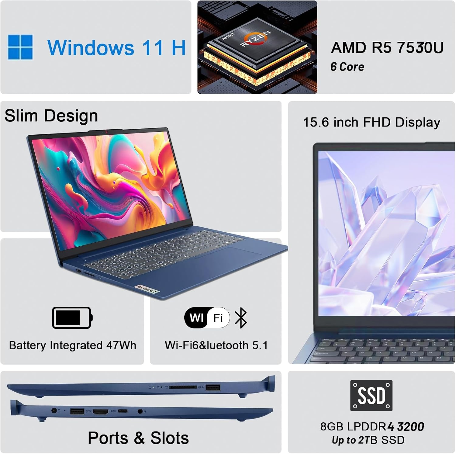 Lenovo Ideapad 3 15.6' Touchscreen Laptop, AMD Ryzen 5 7530U(Beats i7-9850H), 15.6'' FHD Touch Display, 8GB RAM, 2TB SSD M.2 PCIe, Wi-Fi 6, Backlit Keyboard, Windows 11 Pro, Abyss Blue