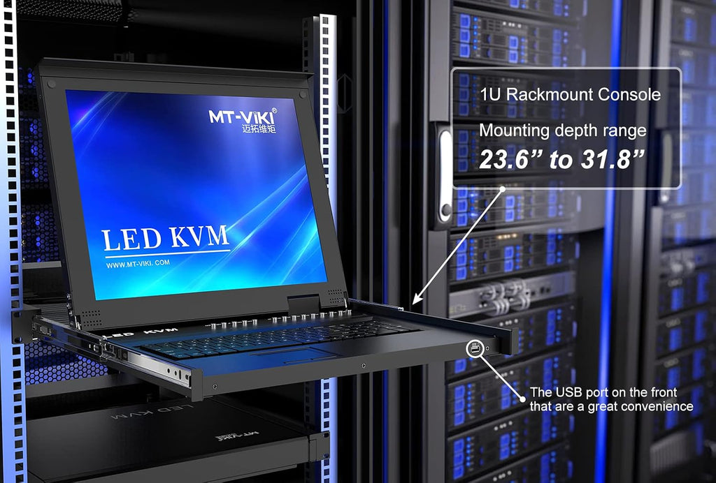 MT-VIKI Rack KVM Switch w/17'' LCD Monitor, 16 Port VGA KVM Switch with Keyboard Touchpad Monitor, Fit for 1U 19'' Rack, OSD/Hotkey/Button 【with 16 VGA KVM Cable】