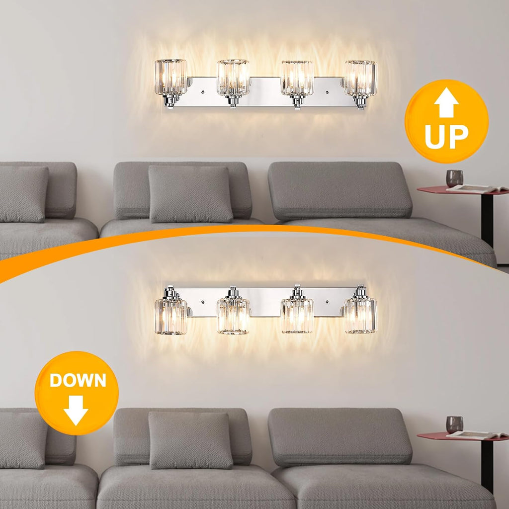 4 Lights Crystal Bathroom Vanity Light Modern Chrome Bathroom Light Fixture Bathroom Lighting Fixtures Over Mirror for Mirror E26 Base