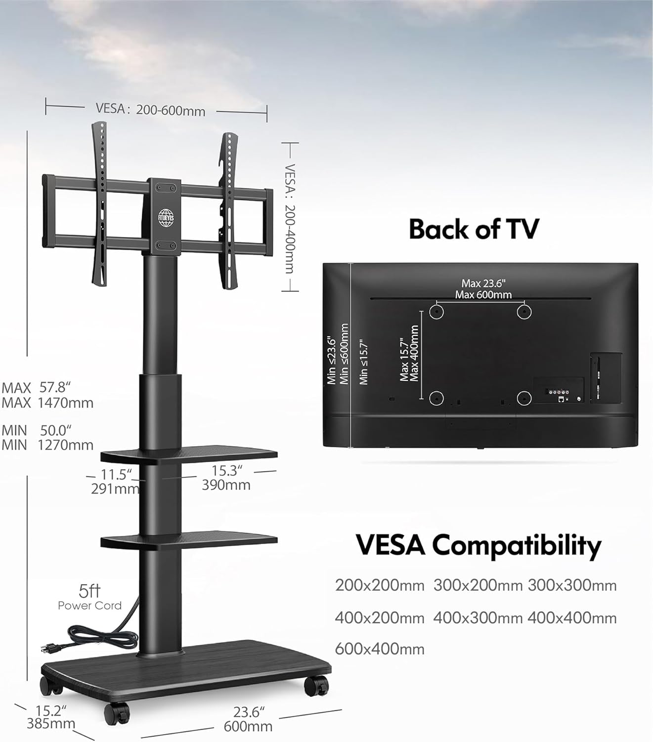 FITUEYES Rolling TV Stand with Power Outlets, Swivel Portable TV Stand for 32-70 Inch LCD LED OLED Flat/Curved Panel Screen TVs, Height Adjustable&Wood Base, Mobile TV Cart with 2 Shelves, Black