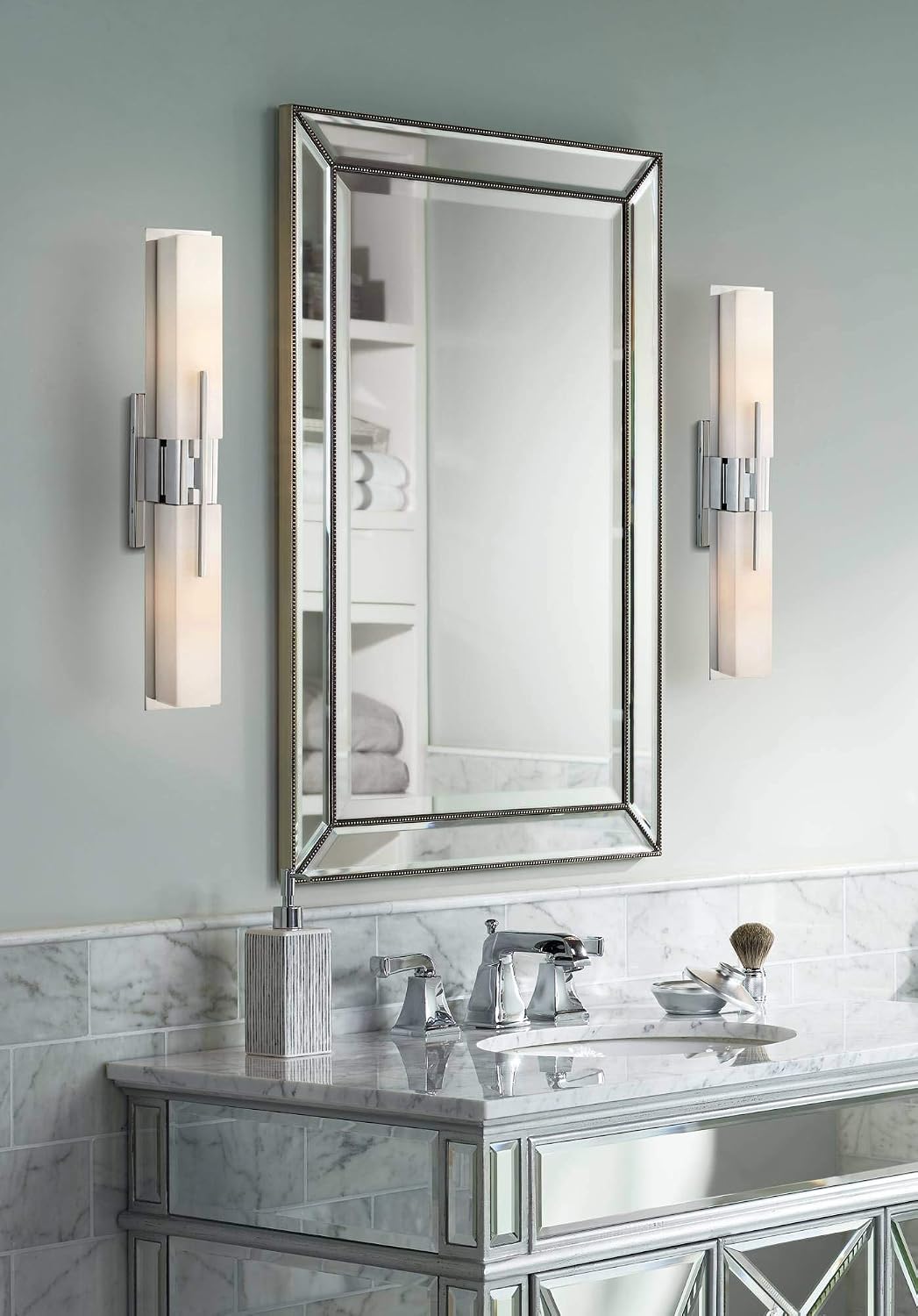 Possini Euro Design Midtown Mid Century Modern Wall Mount Light Chrome Silver Metal 23 1/2' Wide 2-Light Vanity Fixture Rectangular White Glass Shades Decor for Bathroom Over Mirror House Home