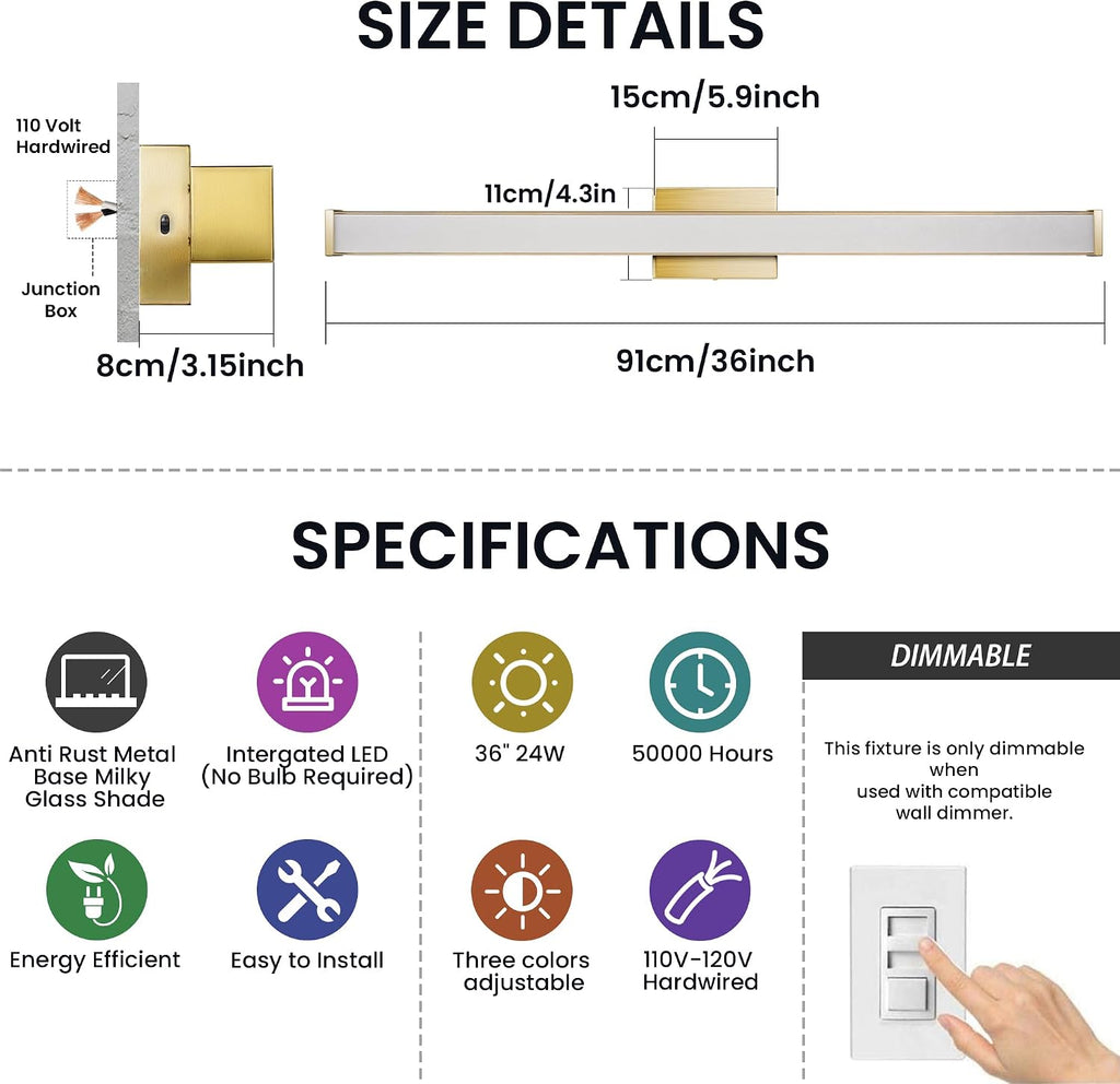 Modern LED Bathroom Vanity Light 36 inch 24W Dimmable 3CCT Bathroom Light Fixture Over Mirror Rectangle Bath Vanity Light Bar with Double Layer Acrylic Shade (Golden)