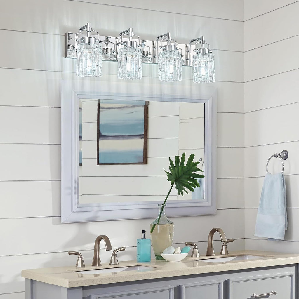 4 Light Crystal Glass Vanity Light, Chrome Bathroom Lighting Fixtures Over Mirror Modern Bath Wall Sconce Lighting for Bedroom Living Room