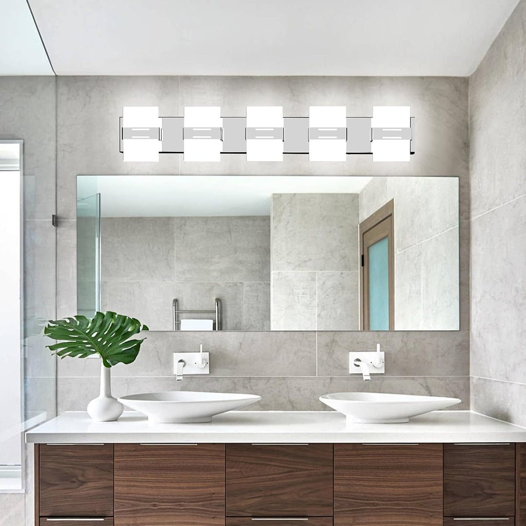 Modern Bathroom Vanity Light, Chrome Vanity Lights for Bathroom Lights Over Mirror with 5-Light Glass Grid Shade,39 Inch LED Dimmable Wall Light Fixtures 3000K/4500K/6000K Stainless Steel