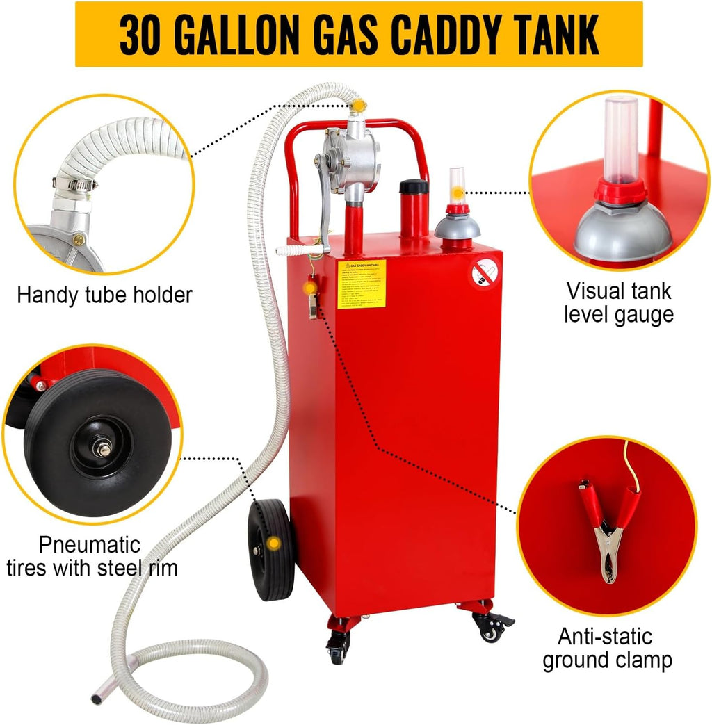 30 Gallon Fuel Caddy, Portable Gas Tank with Manual Transfer Pump, Gas Caddy on 4 Wheels, Gasoline Diesel Fuel Storage Tank for Cars, Boats, Lawn Mowers, ATVs, Red