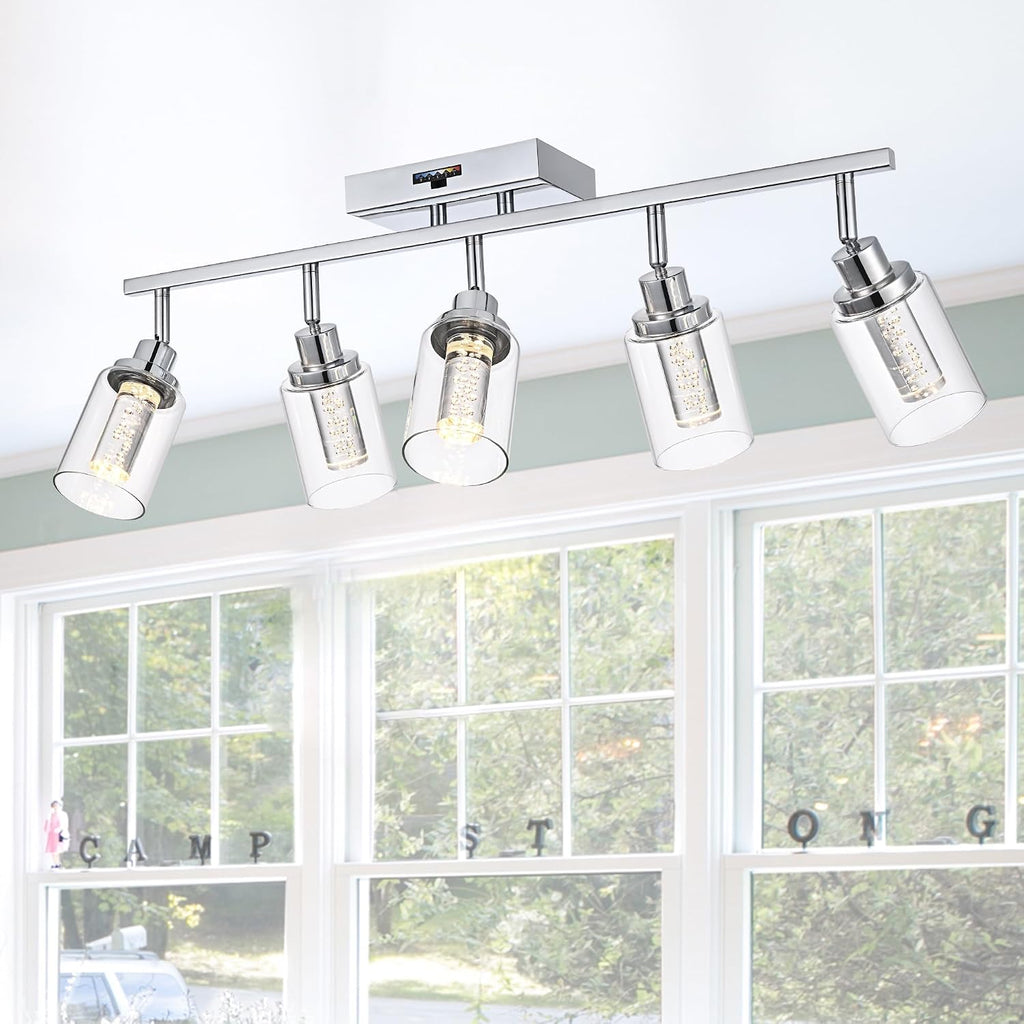 MELUCEE 5-Color Dimmbale Rotatable Spotlight Ceiling Light Fitxures 5-Light LED Track Lighting Kit Chrome Bathroom Vanity Light Wall Mount Ceiling Mount Kitchen Tracking Lights, Clear Glass Shade