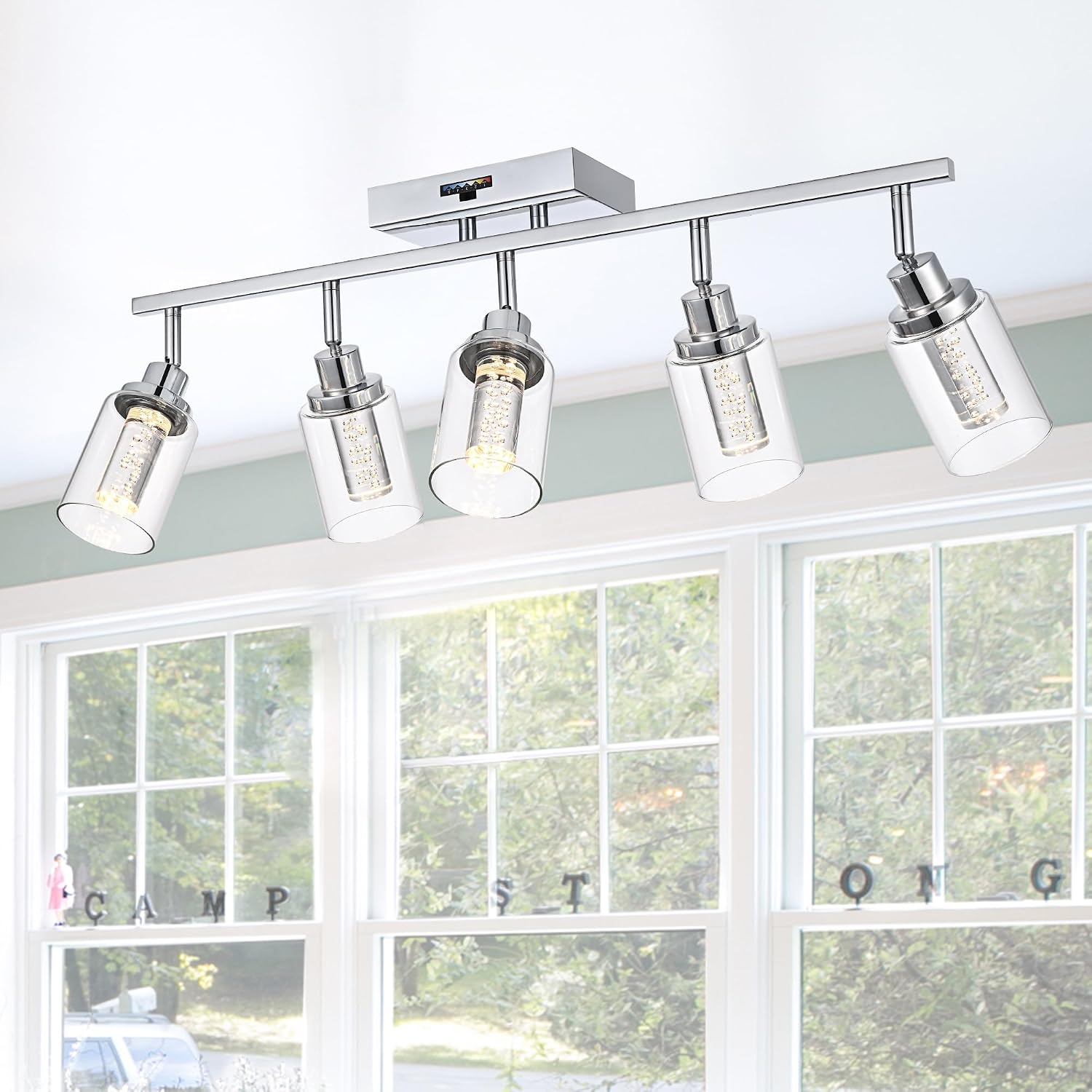 MELUCEE 5-Color Dimmbale Rotatable Spotlight Ceiling Light Fitxures 5-Light LED Track Lighting Kit Chrome Bathroom Vanity Light Wall Mount Ceiling Mount Kitchen Tracking Lights, Clear Glass Shade