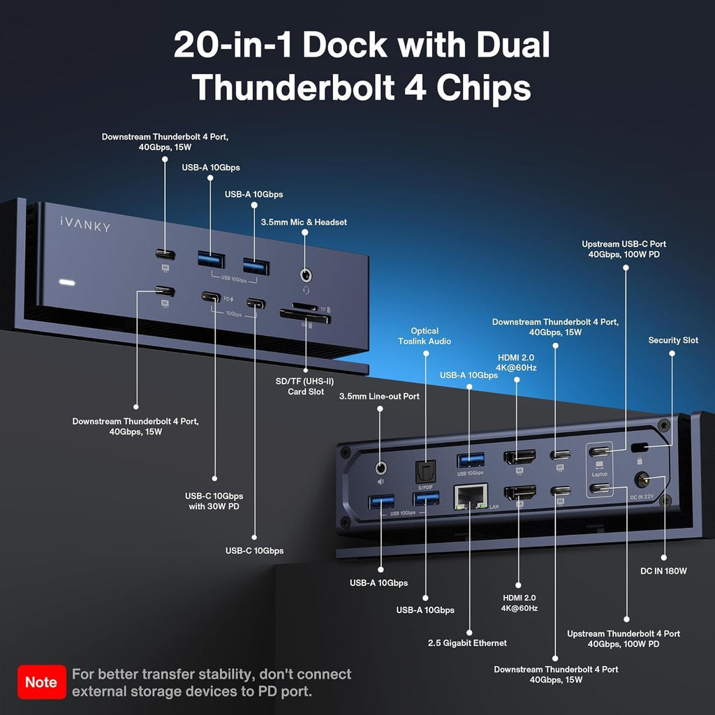 iVANKY FusionDock Max 1, 20-in-2 Thunderbolt 4 Docking Station Only for M1-M5 Pro/Max MacBook, Quad 6K or Dual 8K Display, 40Gbps Dock with 4 Downstream Thunderbolt 4 Ports, 100W, 2.5G LAN, SD 4.0