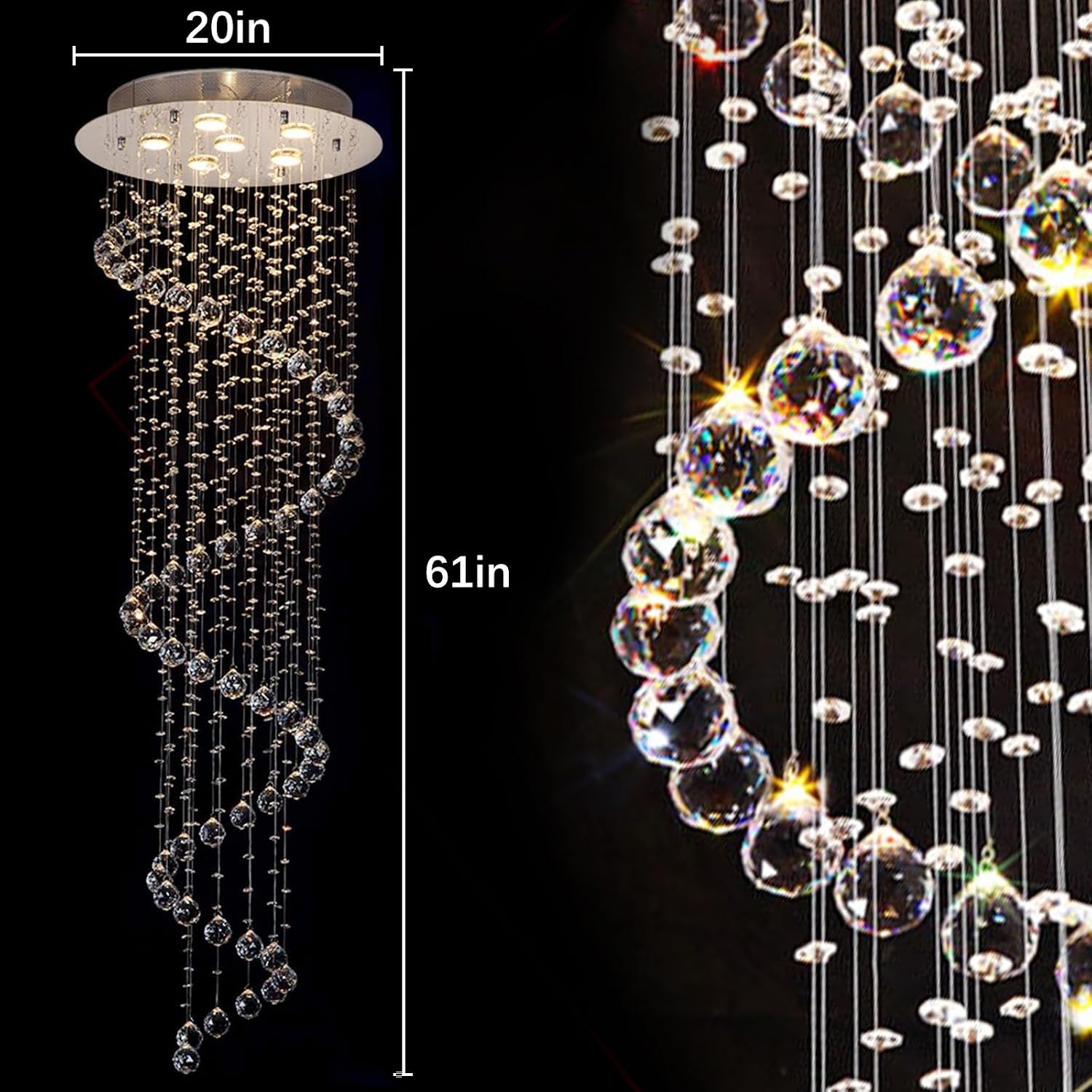Modern Contemporary Swirl Chandelier Lighting for Foyer Dining Room Kitchen Chandelier Fixture Ceiling Light Rain Drop with All Crystal Balls D20'' X H61'' of CRYSTOP