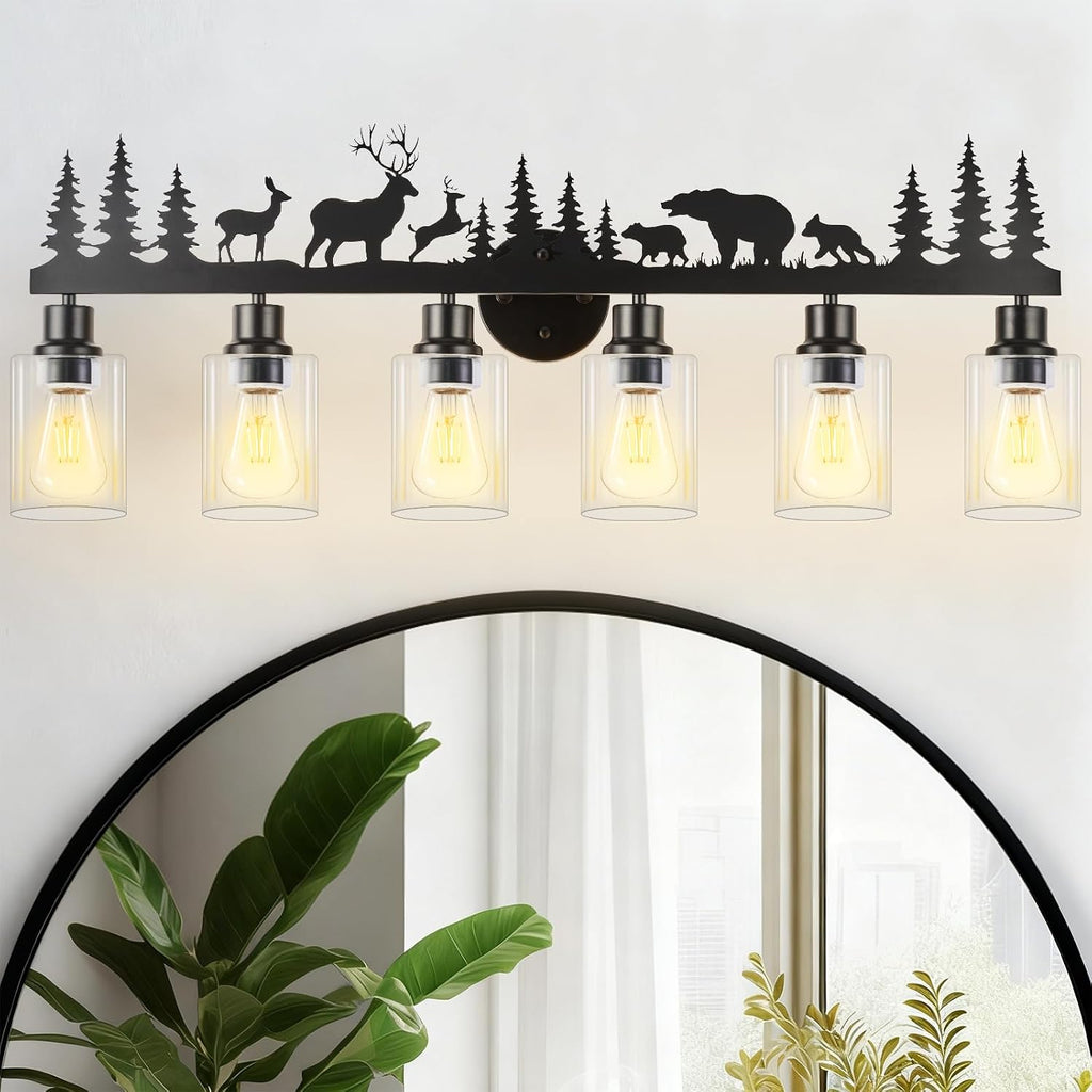 Rustic Bathroom Light Fixtures, 6-Light Farmhouse Vanity Lamp with Deer and Bear Design, Black Wall Lighting with Clear Glass Shade for Bathroom, Hallway, Kitchen, Porch