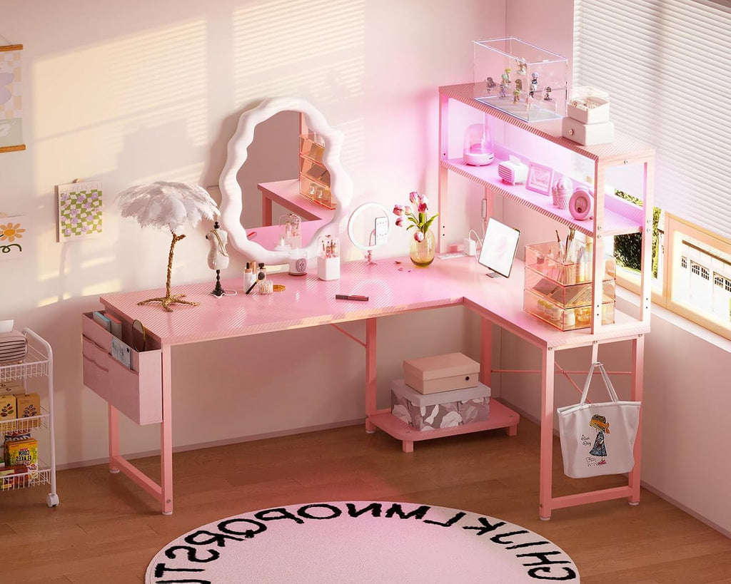 AODK L Shaped Desk Gaming Desk with LED Light & Power Outlet, 53 Inch Reversible L Shaped Computer Table with Shelf & Storage Bag & Hook for Home Office, Pink