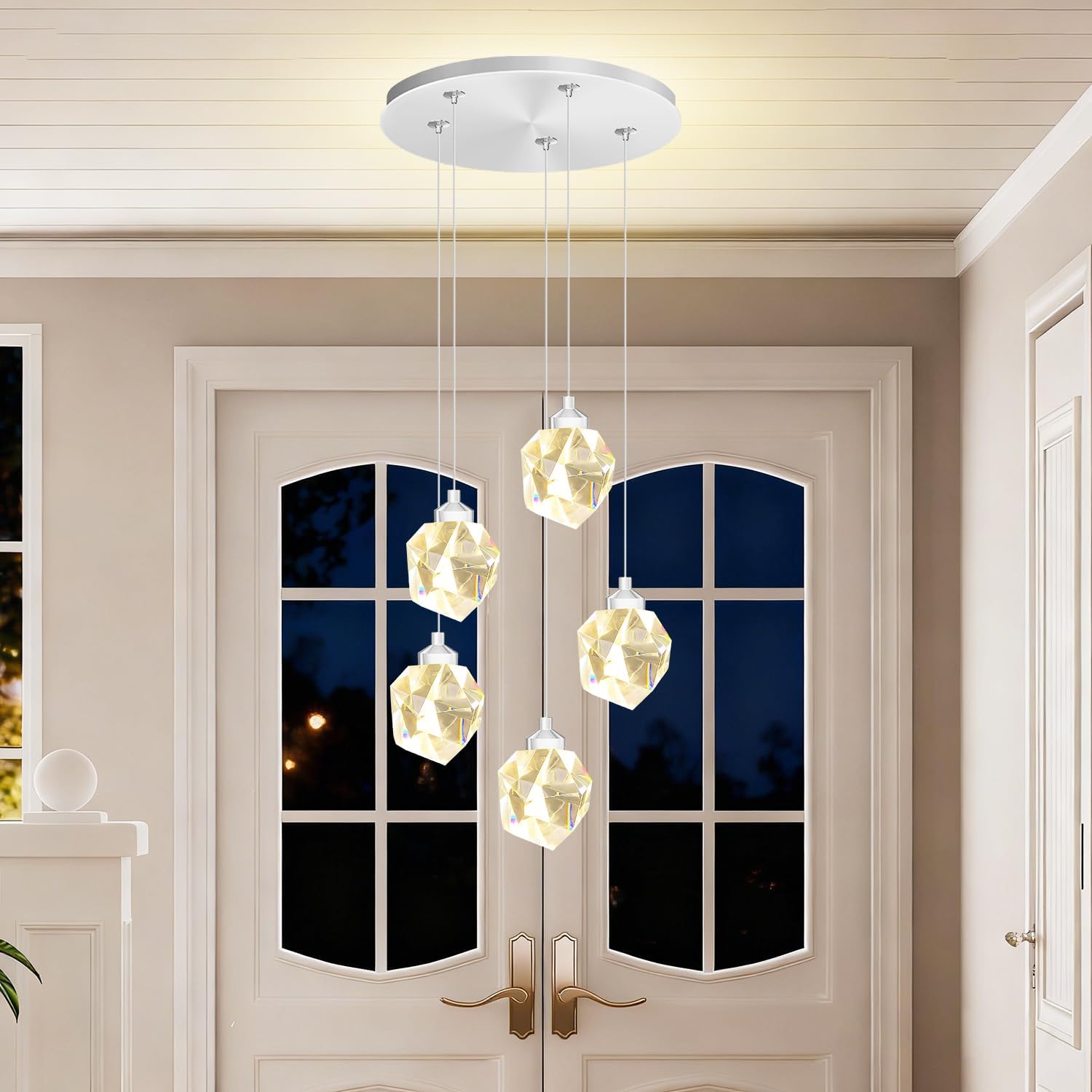 5-Light Cluster Crystal Raindrop Pendant Lights- 25W LED Dimmable Hanging Light Fixture Chandelier for Kitchen Island, Dining Room Living Room