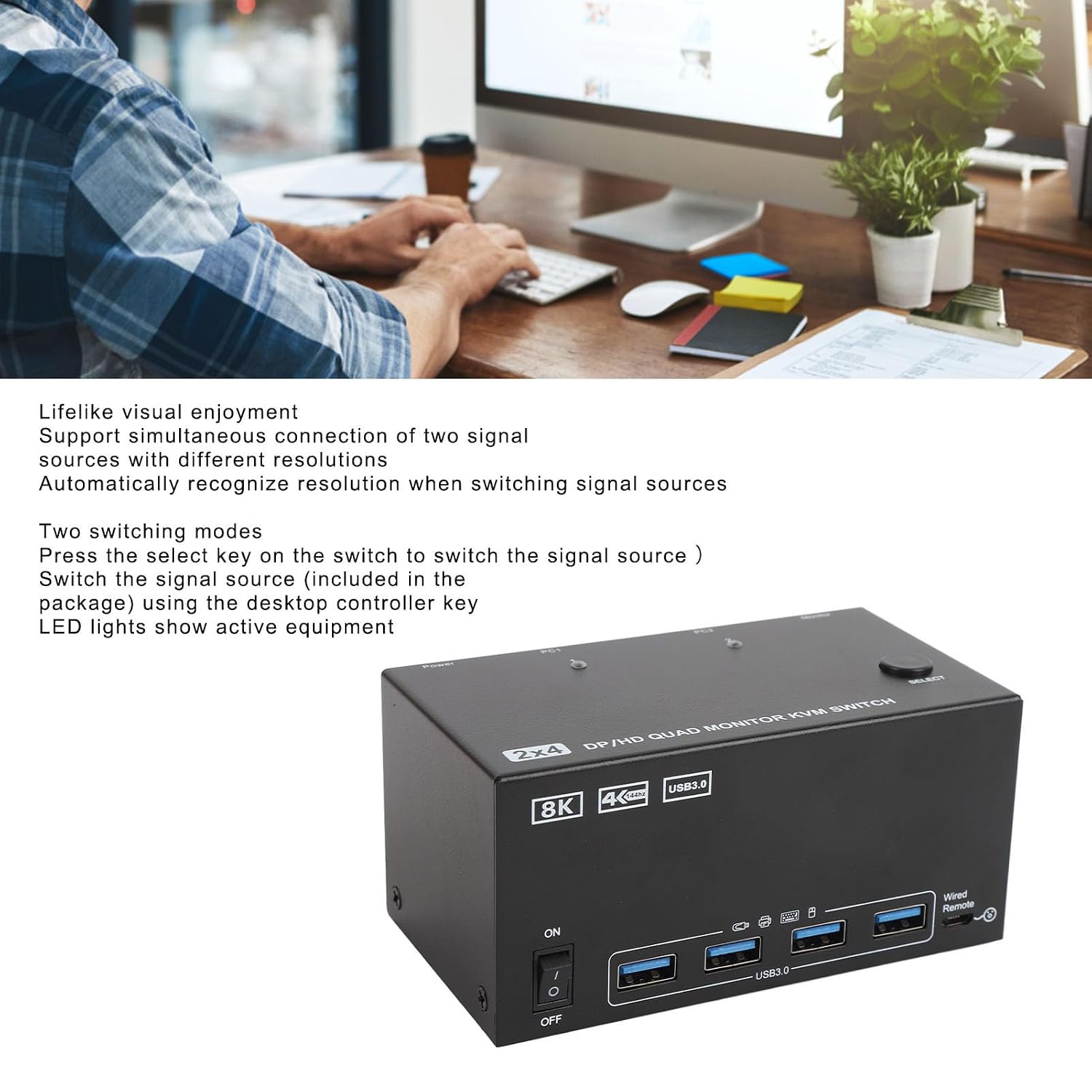 GOWENIC KVM Switch, 4 Monitors 2 Computers DisplayPort 8K 60Hz 4K 144Hz with 4 USB 3.0 Ports, for OS X OS Unix Computers (US)