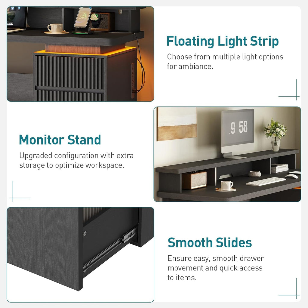 RALGEND 59' Executive Desk with Drawer, Fluted Computer Desk with File Drawer & Monitor Stand, Home Office Desk with Power Outlet, LED Light, Modern Fluted Computer Writing Desk with Storage, Black