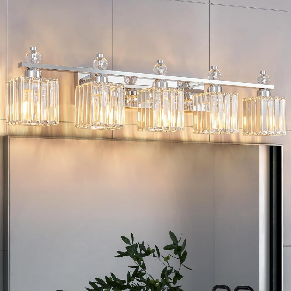 Vanity Lights 5-Light Modern Crystal Vanity Light Chrome Bathroom Light Fixtures Over Mirror Crystal Bathroom Vanity Lighting Fixtures