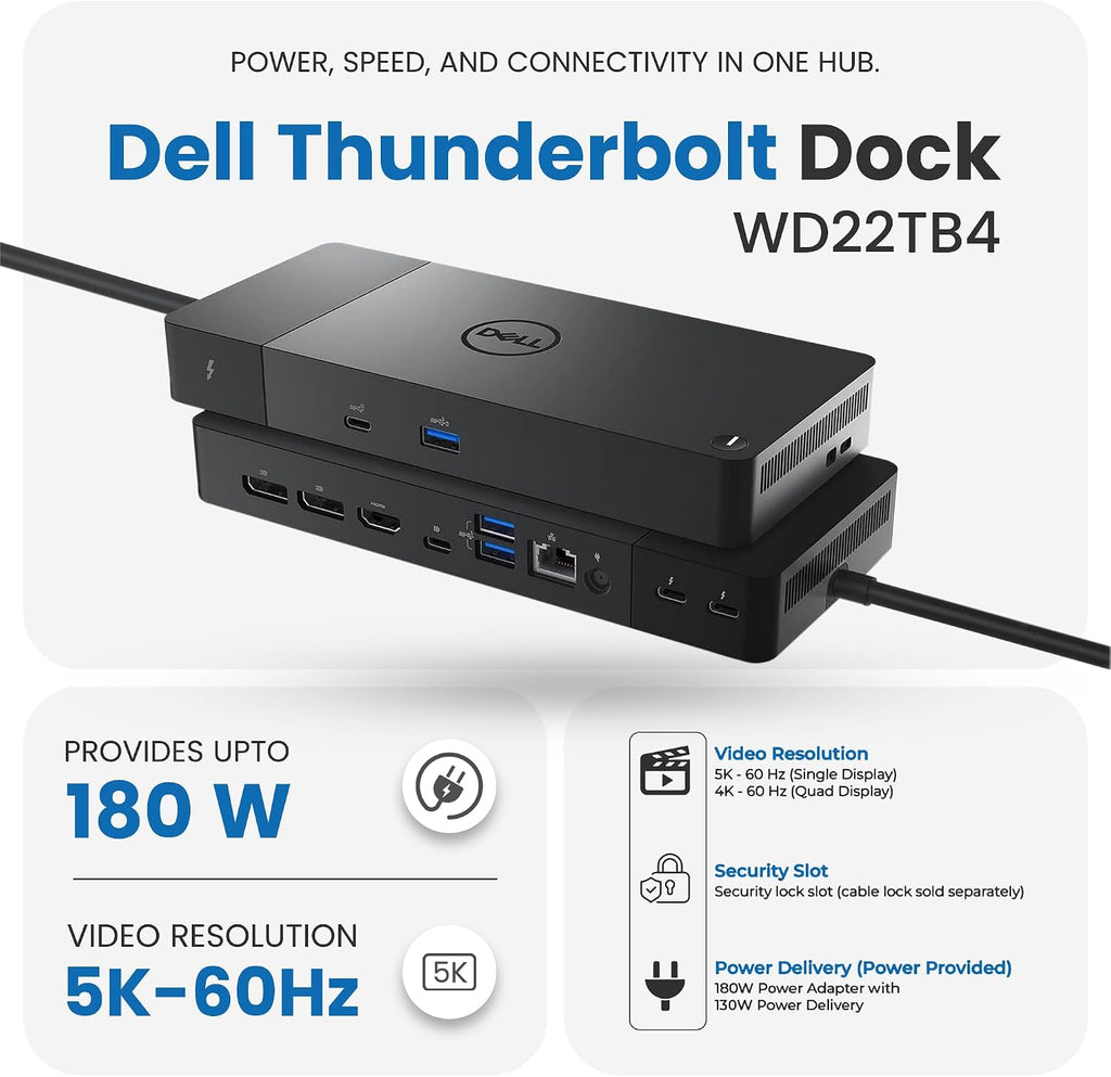 Dell WD22TB4 Thunderbolt 4 Dock 180W - 40Gbps, 3-Year Warranty, USB-C/USB-A Dell Docking Station with 180W Adapter + Techtray Cables & Cloth - Supports Dual/Triple Monitor & 4K Displays (New)
