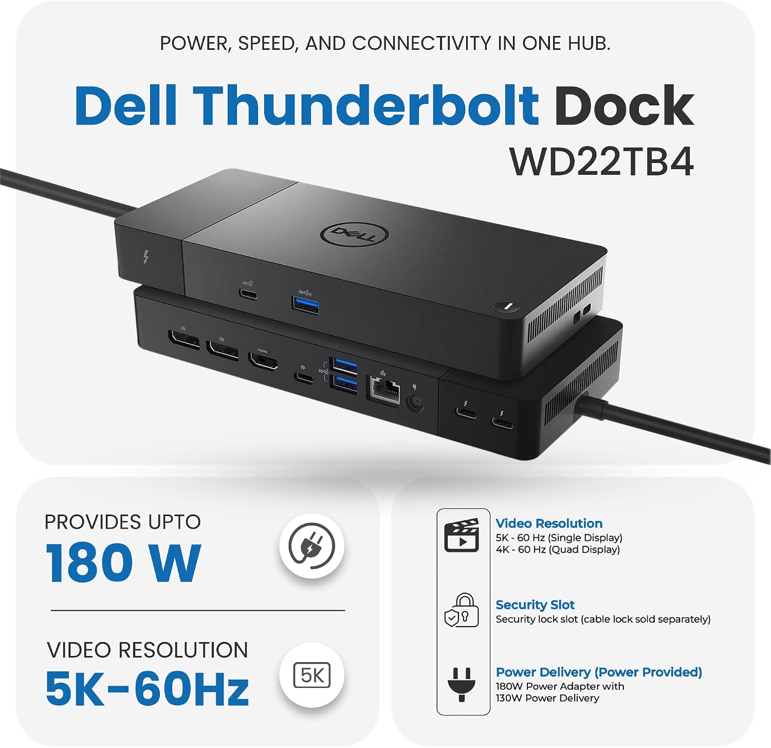 Dell WD22TB4 Thunderbolt 4 Dock 180W - 40Gbps, 3-Year Warranty, USB-C/USB-A Dell Docking Station with 180W Adapter + Techtray Cables & Cloth - Supports Dual/Triple Monitor & 4K Displays (New)