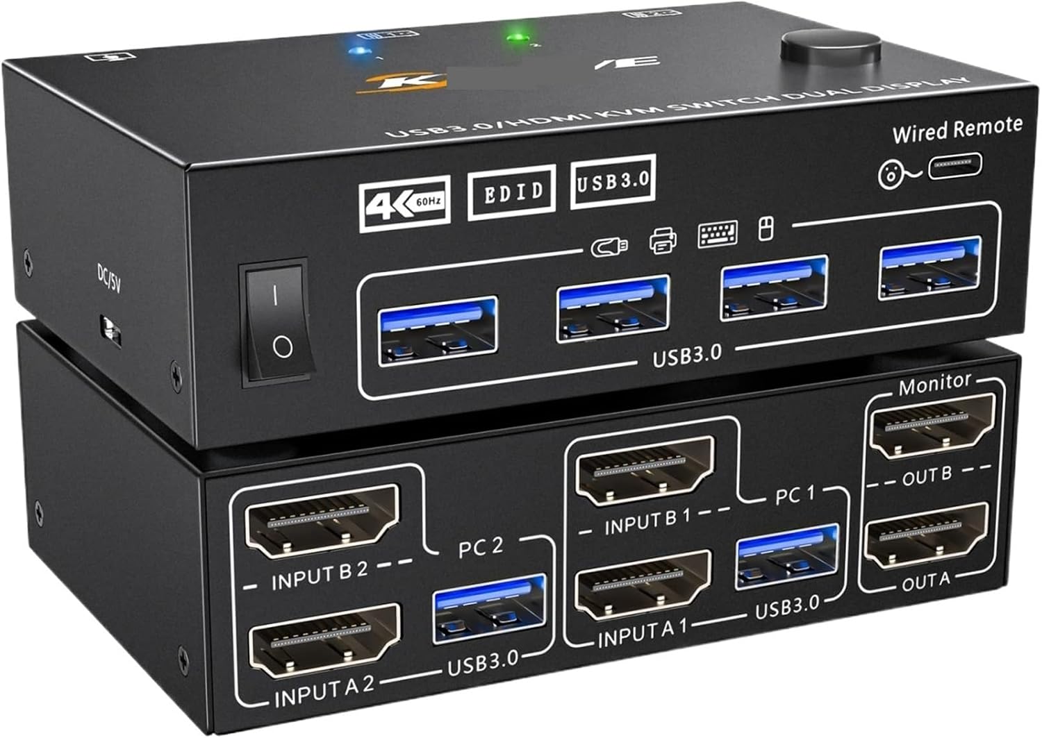Dual Monitor KVM Switch 2 Port 4K@60Hz 2K@144Hz,HDMI USB 3.0 Switch Extended Display 2 Monitors 2 Computers