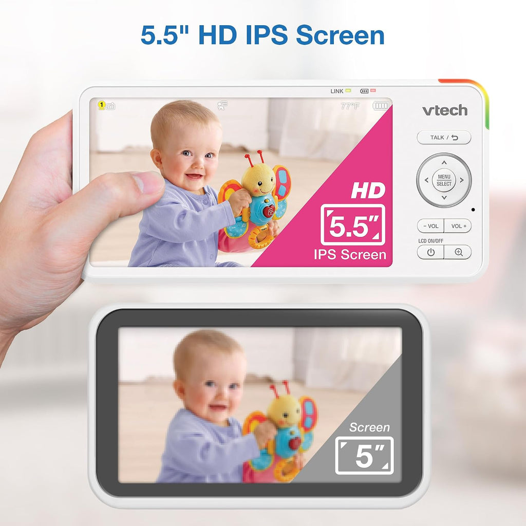 VTech Baby Monitor with 2 Cameras No WiFi & 5.5' IPS Split Screen, Remote Pan Tilt Zoom – 13Hr Video Battery, 1000ft Range, Night Vision, Night Light, Two-Way Talk | Advanced HD Plus Twin