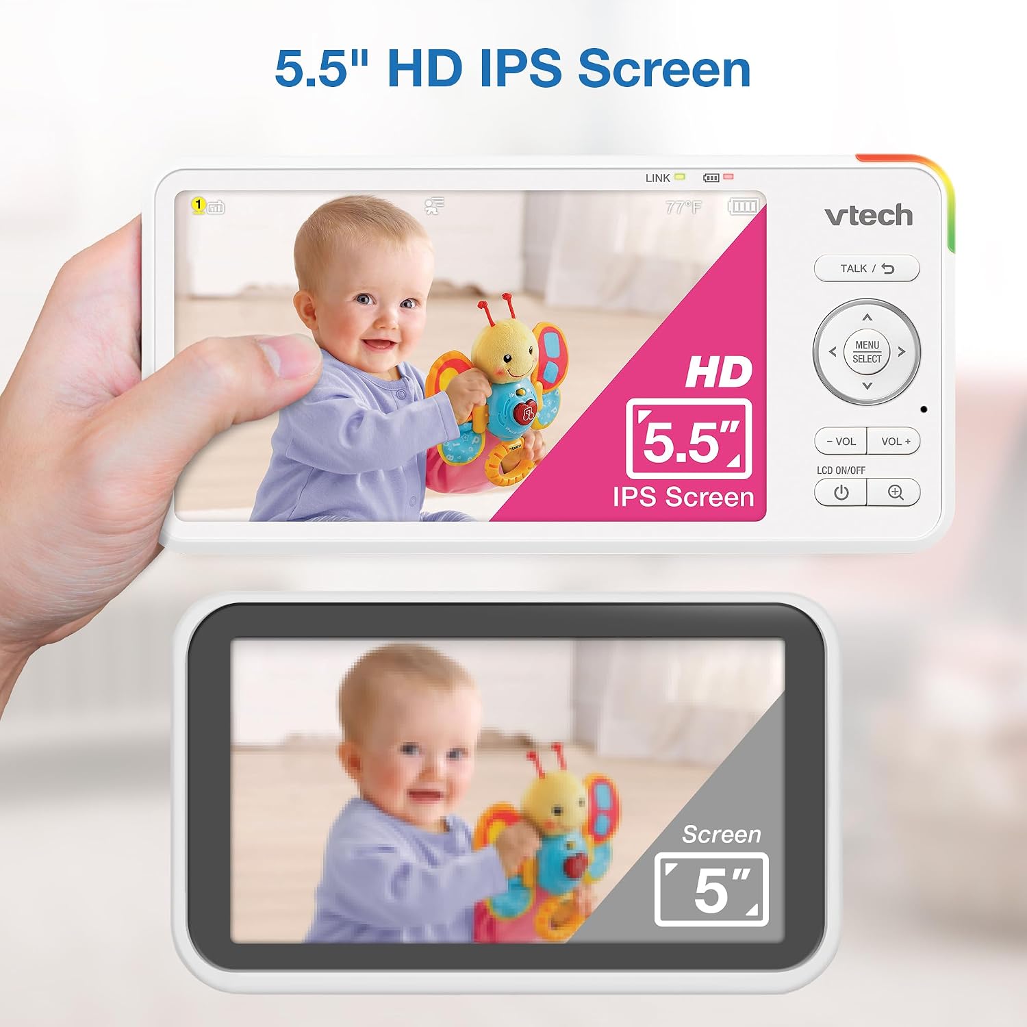 VTech Baby Monitor with 2 Cameras No WiFi & 5.5' IPS Split Screen, Remote Pan Tilt Zoom – 13Hr Video Battery, 1000ft Range, Night Vision, Night Light, Two-Way Talk | Advanced HD Plus Twin