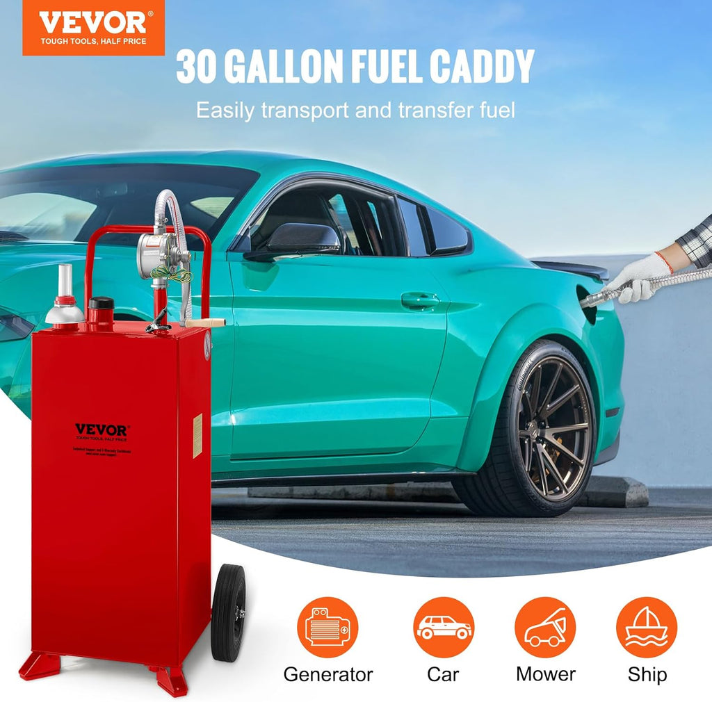 VEVOR 30 Gallon Fuel Caddy, Fuel Storage Tank on 2 Wheels, Portable Gas Caddy with Manual Transfer Pump, Gasoline Diesel Fuel Container for Cars, Lawn Mowers, ATVs, Boats, More, Red