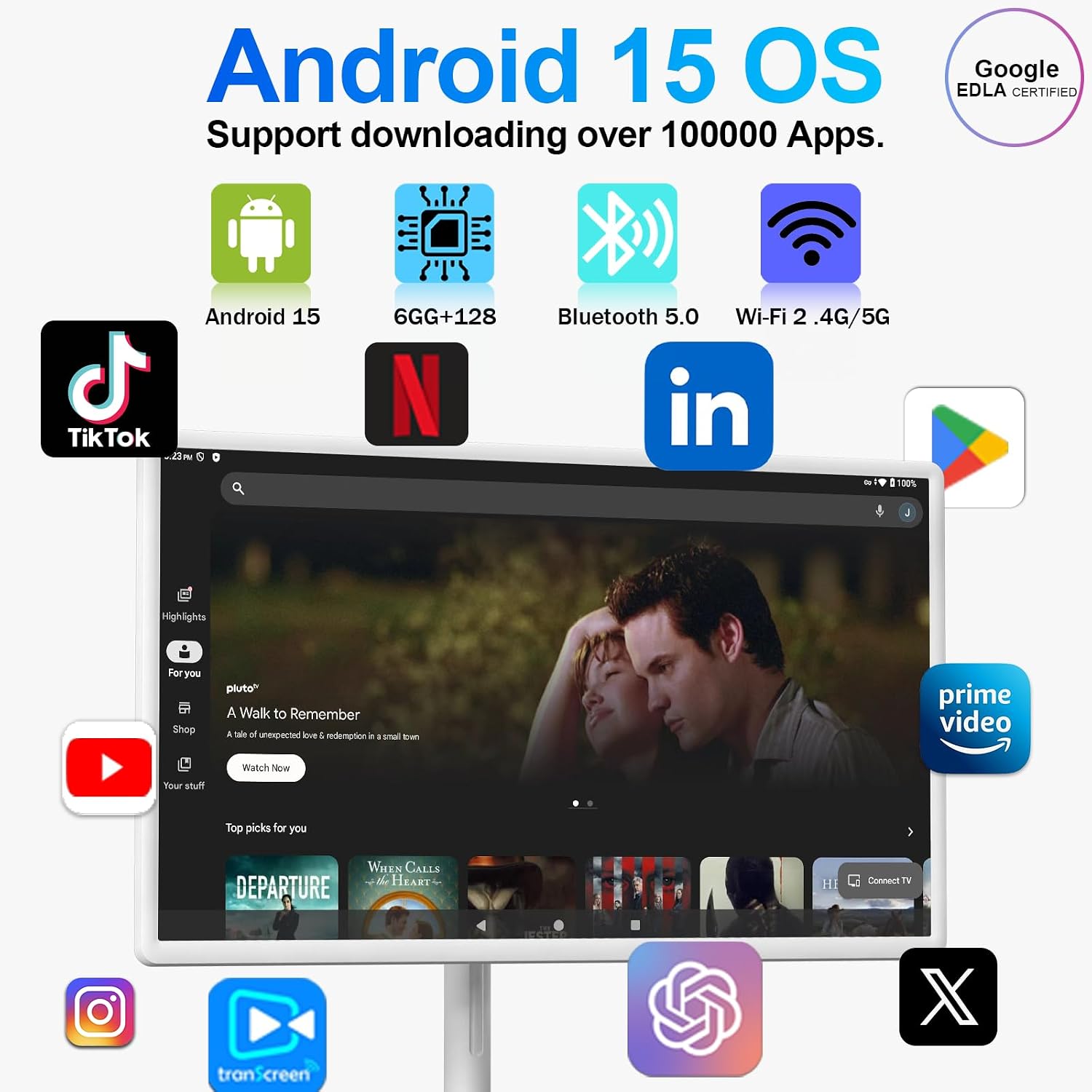 32' FHD Smart Portable TV, Rolling TV on Wheels, Android 15 OS, 6G +128GB Storage, Portable Touch Screen Monitor, 8MP Camera, Built-in Battery, Full Swivel Rotation, Voice Remote