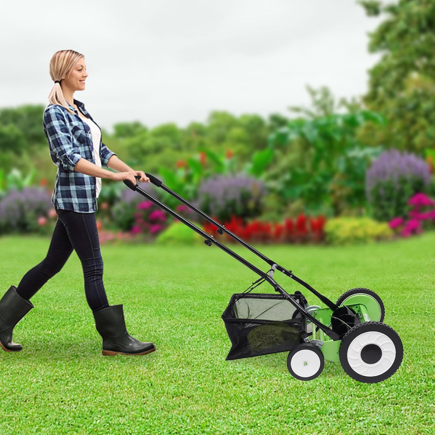 Wheeled 5-Blade Lawn Mower,16-Inch Manual Reel Mower Adjustable Handheld Weeder/Cutting,Push Lawn for Graden (Four Wheeled)
