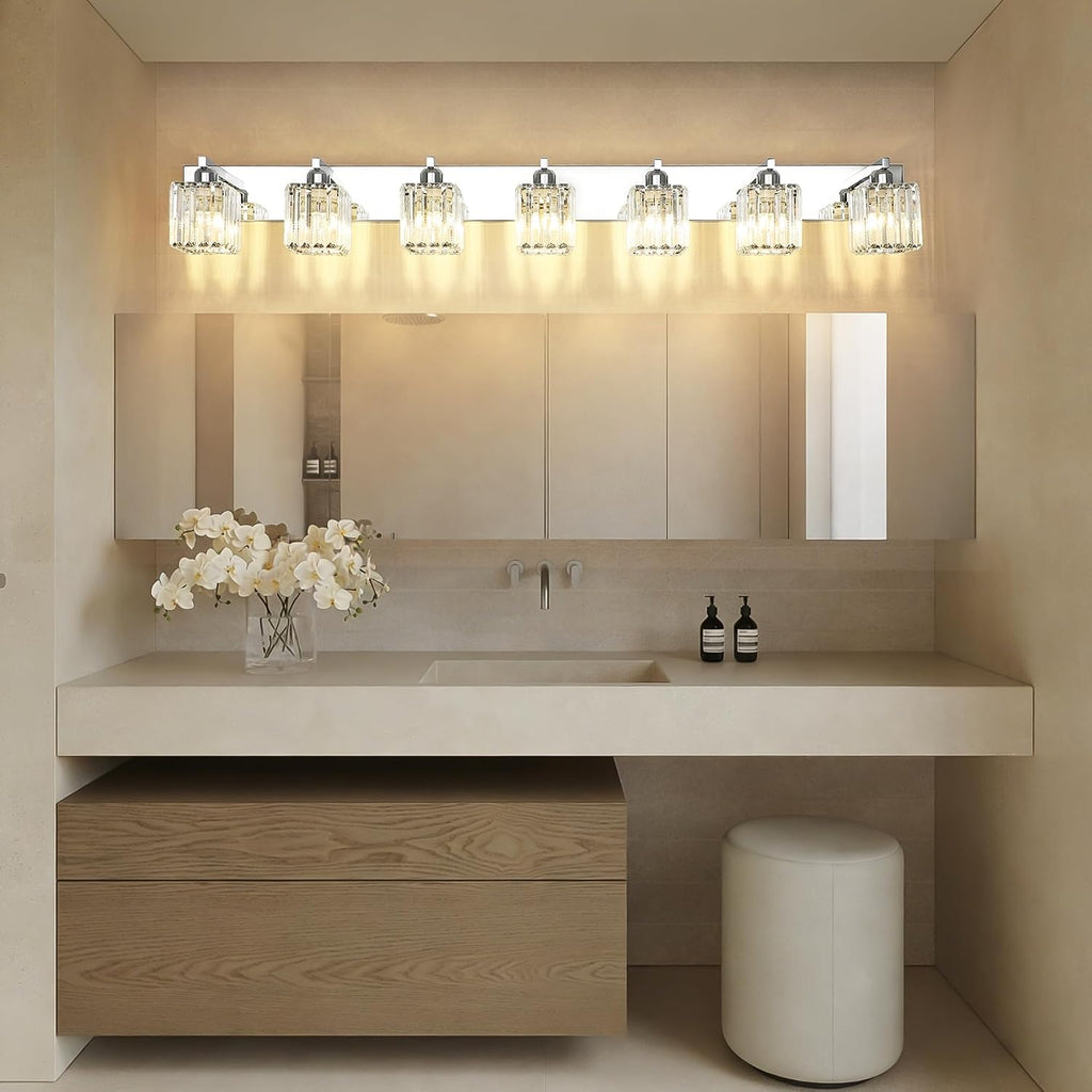 Aipsun Bathroom Vanity Light Fixtures Chrome Vanity Light for Bathroom Crystal Vanity Lighting Fixtures 7 Light (Exclude Bulb)