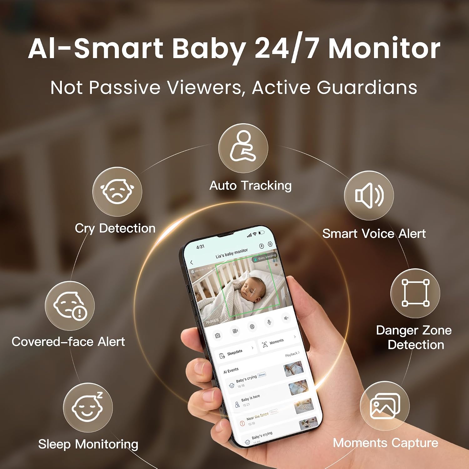 Monai Baby Monitor with Camera and Audio, 3K UHD, 6X Zoom, WiFi Video Monitor for Room or Travel, Pan 350° Tilt 65°, AI Cry Detection, Virtual Fence, Face-Cover Alerts, Sleep Monitoring, Night Vision