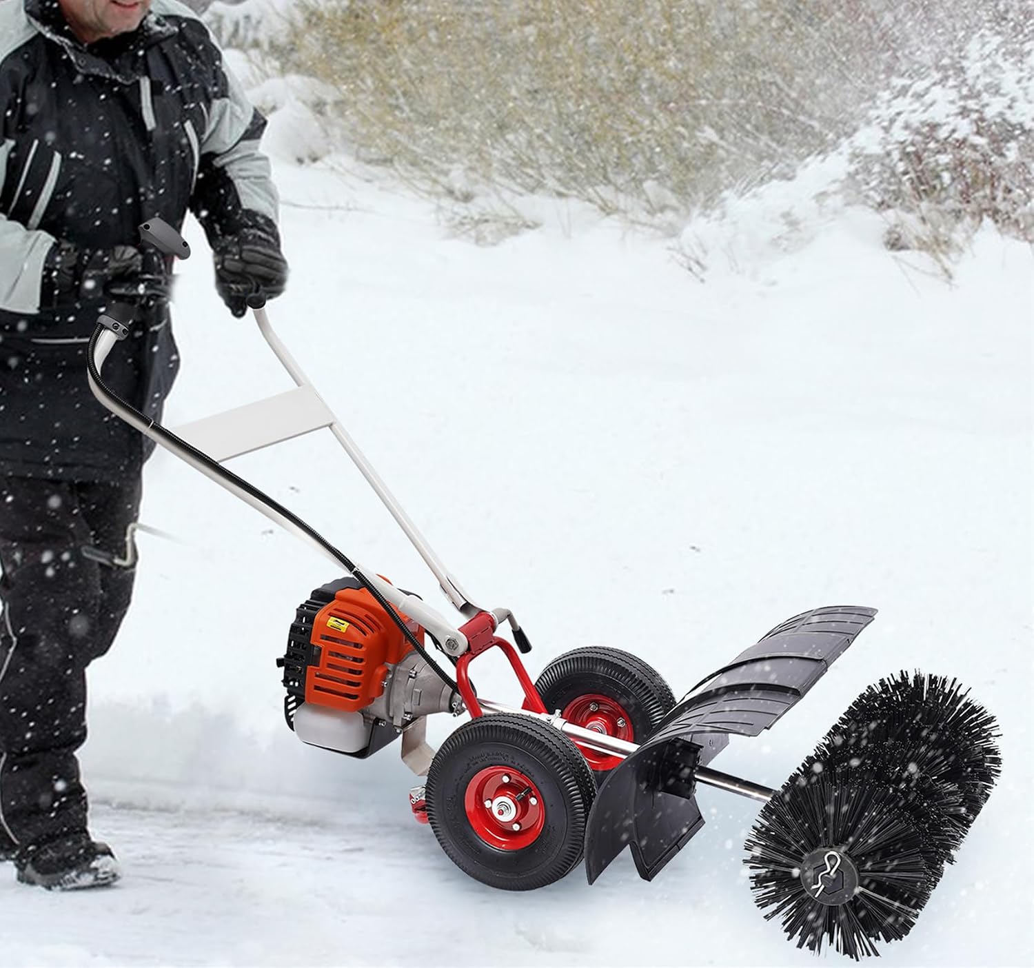 Gas Power Broom 52CC 2HP Gasoline Powered Artificial Lawn Sweeper Walk-Behind Outdoor Artificial Turf Broom Hand Push Turf Brush, for Dirt Grass Leaves Lawn Debris Artificial Turf Snow Cleaning