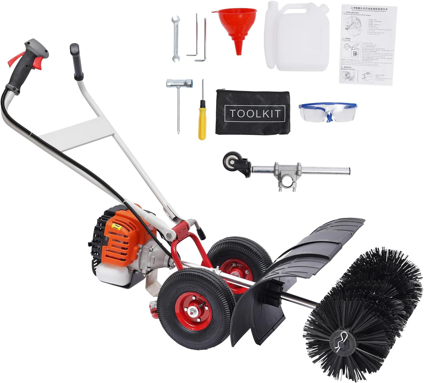 52CC Gas Handheld Sweeper, 52cc 2Stroke Gas Walk Behind Push Lawn Sweeper, Snow Sweeping Broom Artificial Grass Power Brush Lawn Sweeper Cleaner Tools for Lawn Leaf Artificial Turf Grass Gravel